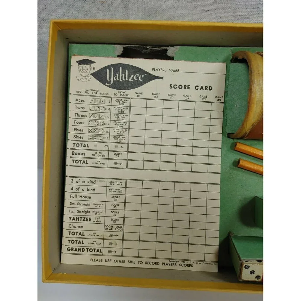 Vintage 1956 E.S. Lowe Company Yahtzee Score Cards Chips Dice Game